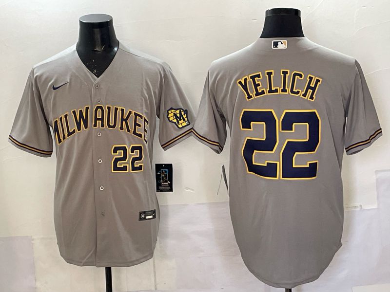 Men 2025 Milwaukee Brewers #22 Yelich Grey Nike MLB Jersey style 062->milwaukee brewers->MLB Jersey
